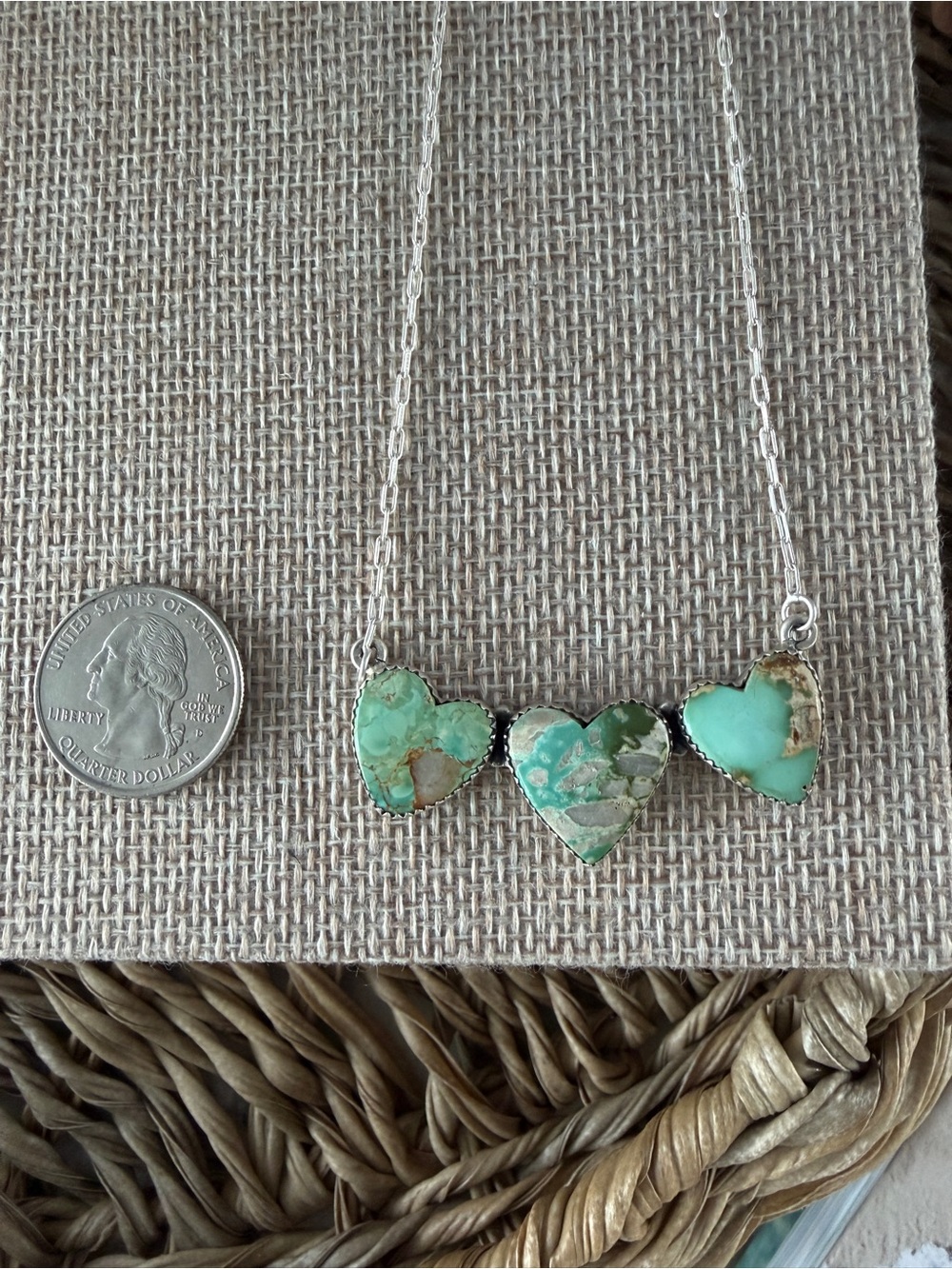 Sterling Silver Triple Heart Turquoise Necklace - Green Turquoise